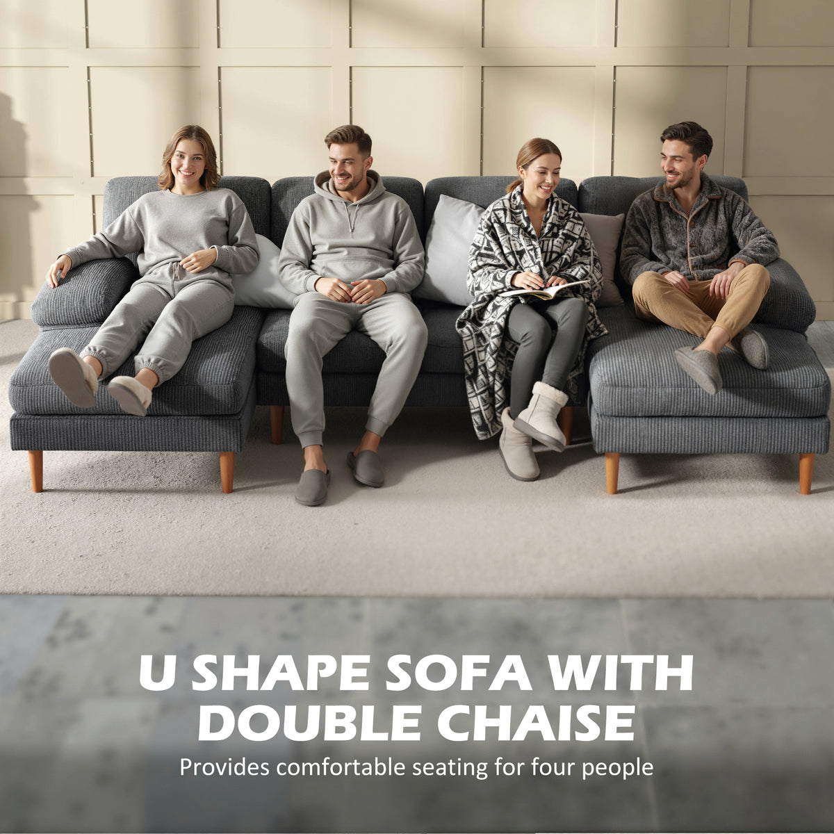 U-Shape Corduroy Sofa Dark Grey 112"-DECOROLALA