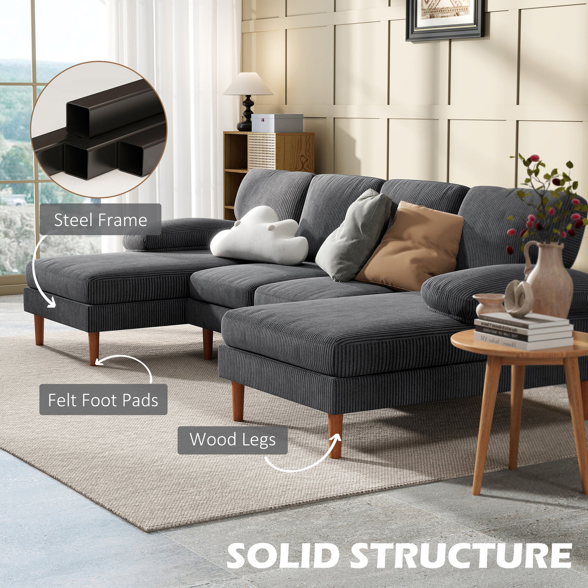 U-Shape Corduroy Sofa Dark Grey 112"-DECOROLALA