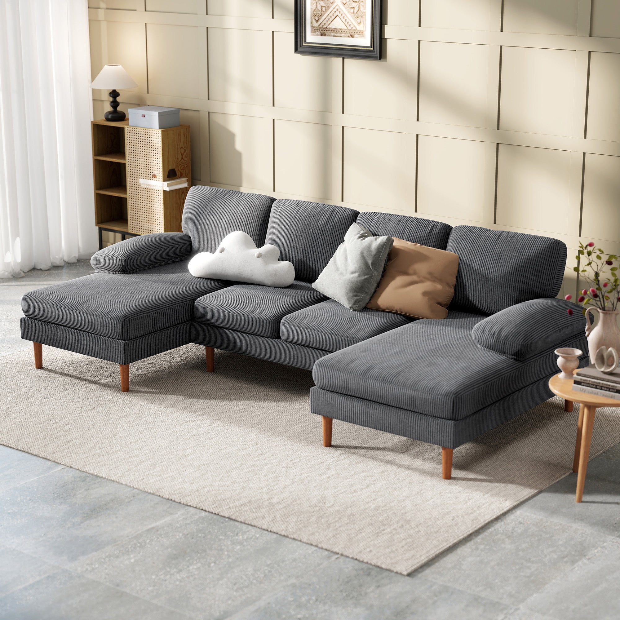 U-Shape Corduroy Sofa Dark Grey 112"-DECOROLALA