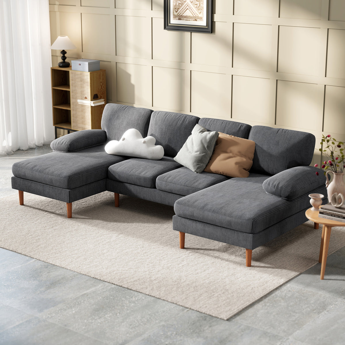 U-Shape Corduroy Sofa Dark Grey 112"-DECOROLALA