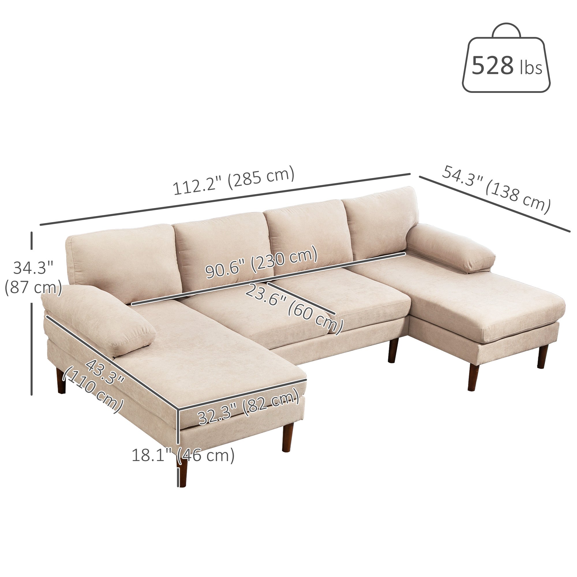 U Shape Couch 4-Seater Beige Modern Fabric Sofa with Wooden Legs-DECOROLALA