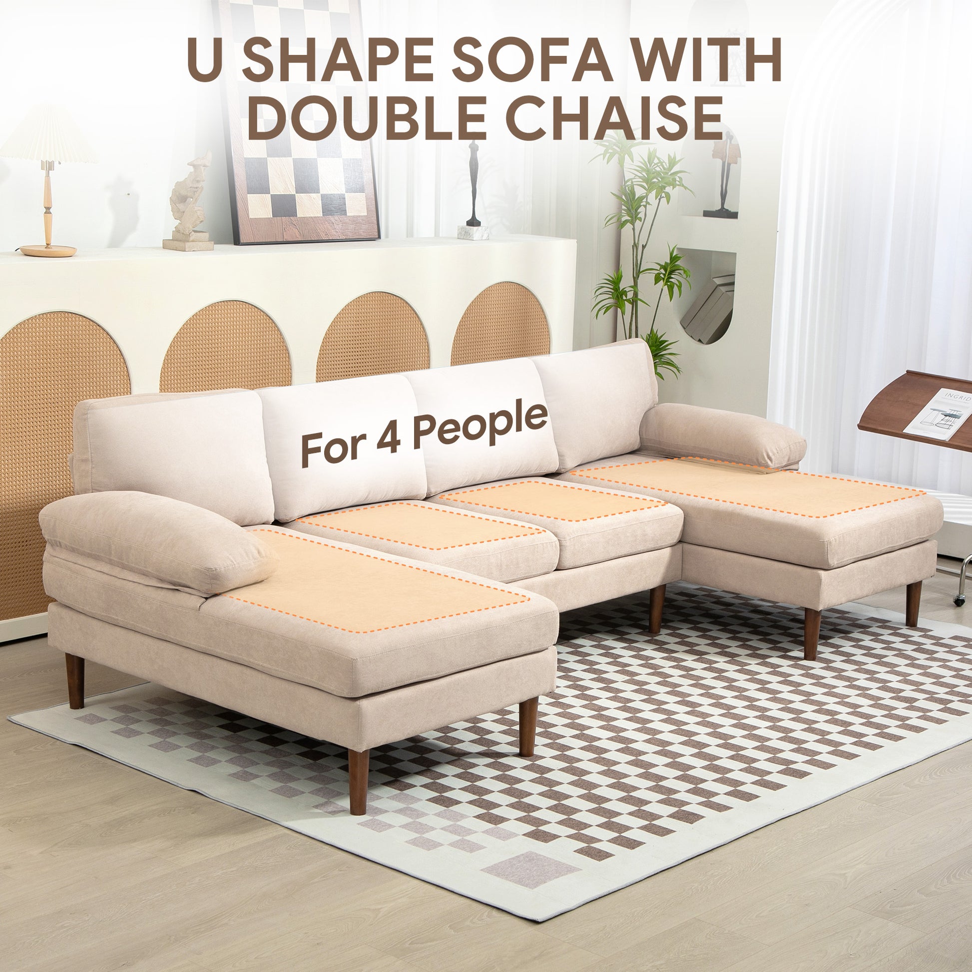 U Shape Couch 4-Seater Beige Modern Fabric Sofa with Wooden Legs-DECOROLALA