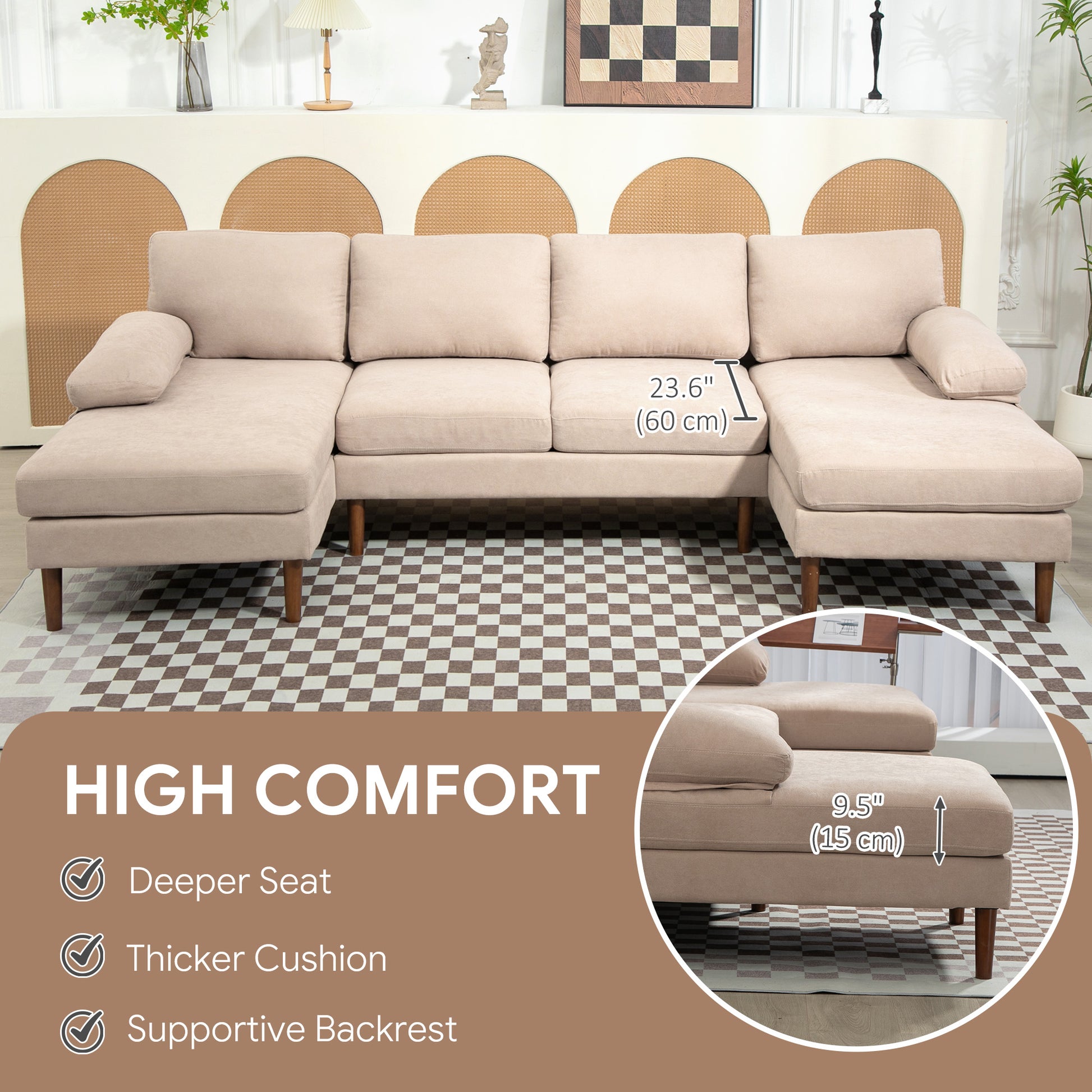 U Shape Couch 4-Seater Beige Modern Fabric Sofa with Wooden Legs-DECOROLALA