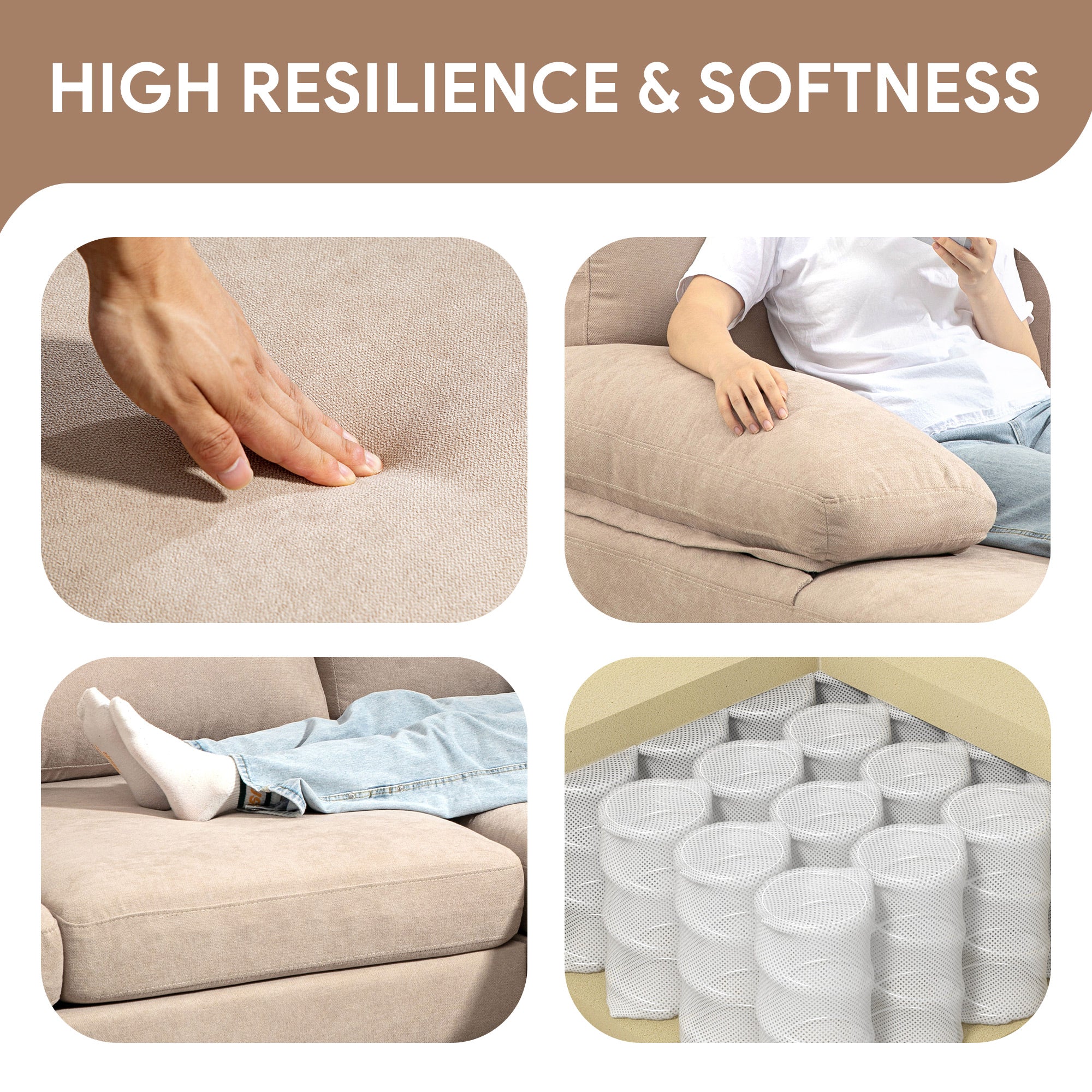 U Shape Couch 4-Seater Beige Modern Fabric Sofa with Wooden Legs-DECOROLALA