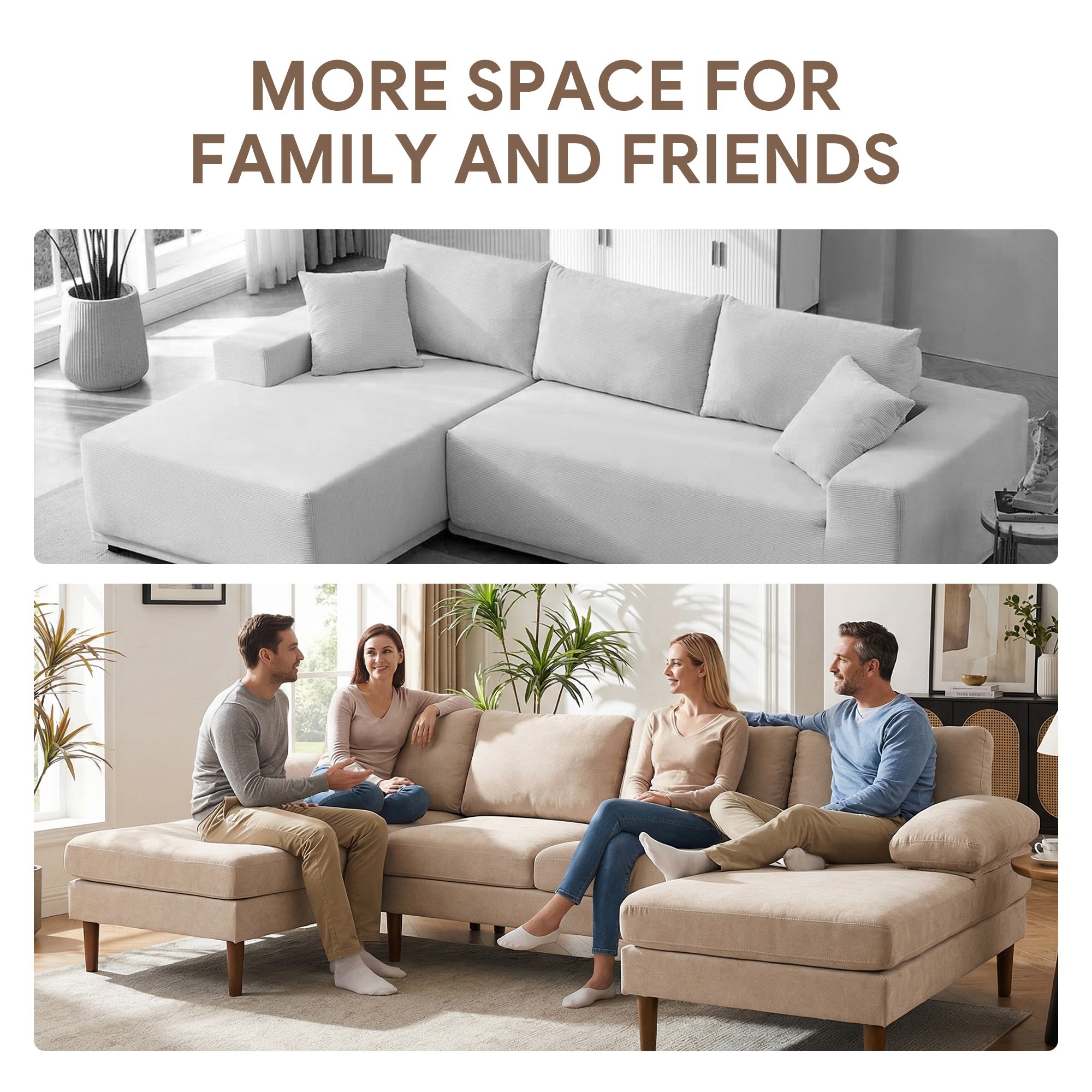 U Shape Couch 4-Seater Beige Modern Fabric Sofa with Wooden Legs-DECOROLALA