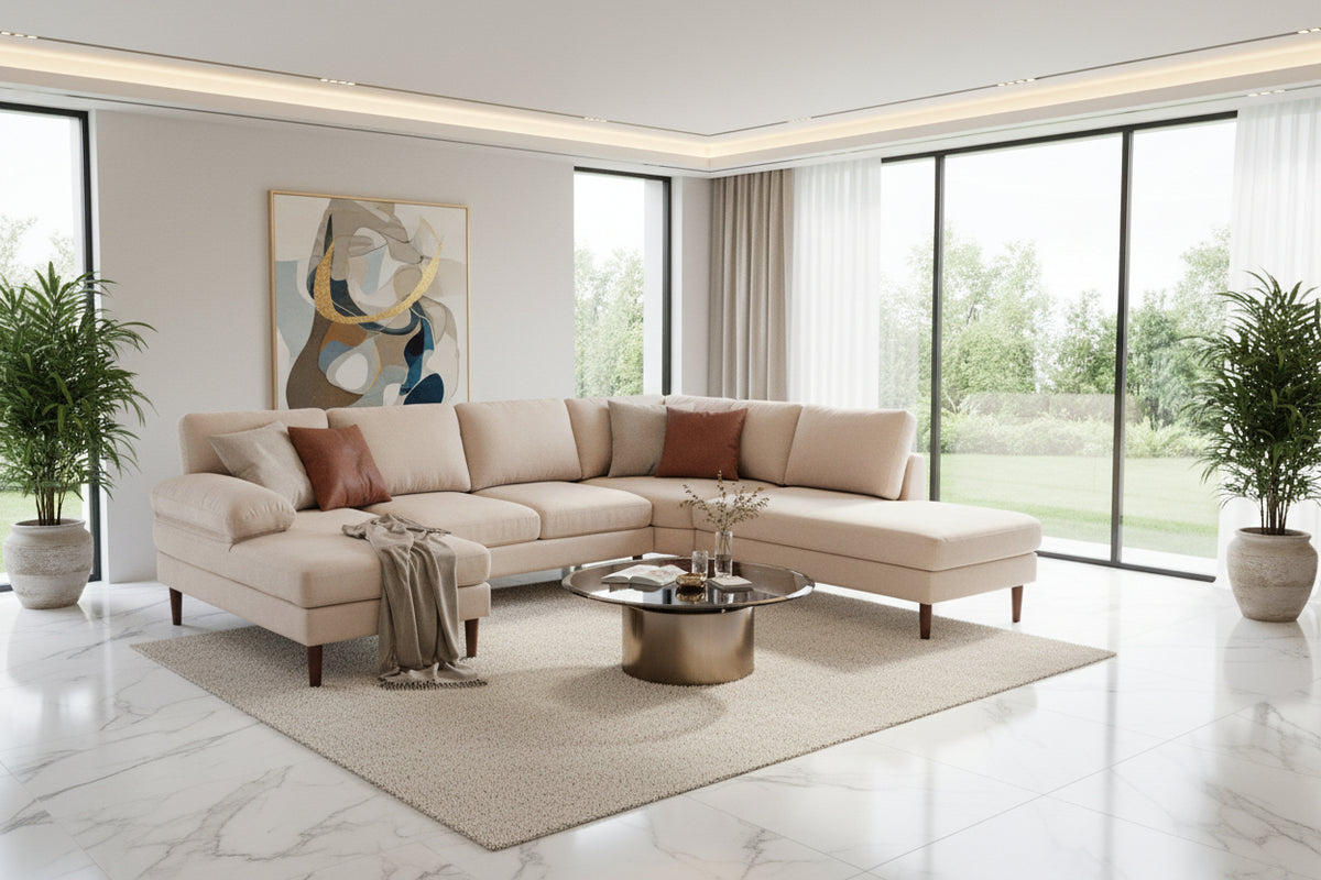 U Shape Couch 4-Seater Beige Modern Fabric Sofa with Wooden Legs-Sofas-DECOROLALA