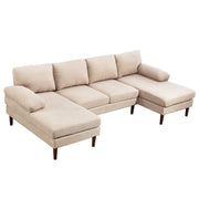U Shape Couch 4-Seater Beige Modern Fabric Sofa with Wooden Legs-DECOROLALA