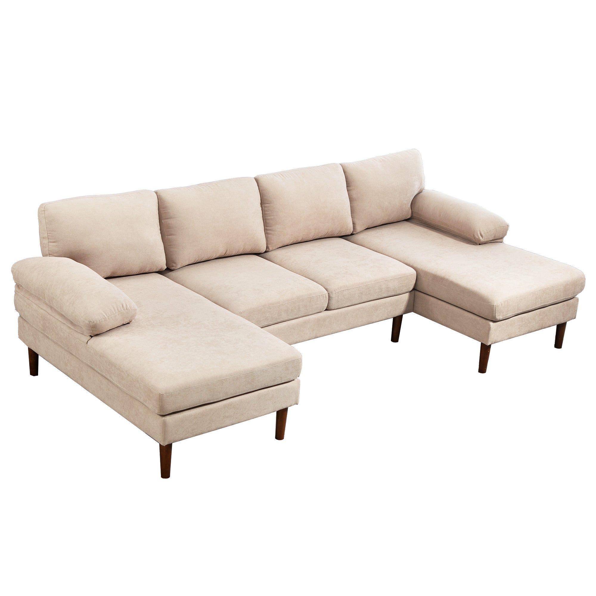 U Shape Couch 4-Seater Beige Modern Fabric Sofa with Wooden Legs-DECOROLALA