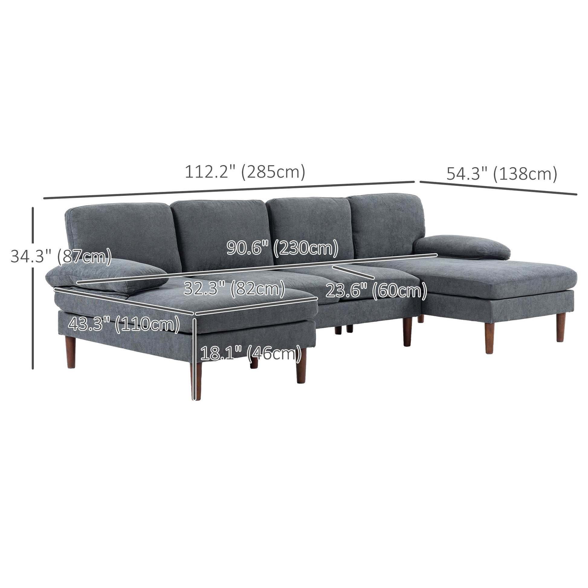 U Shape Couch with Wooden Legs, Modern 4-Seater Sofa, Dark Grey Fabric Lounge-DECOROLALA