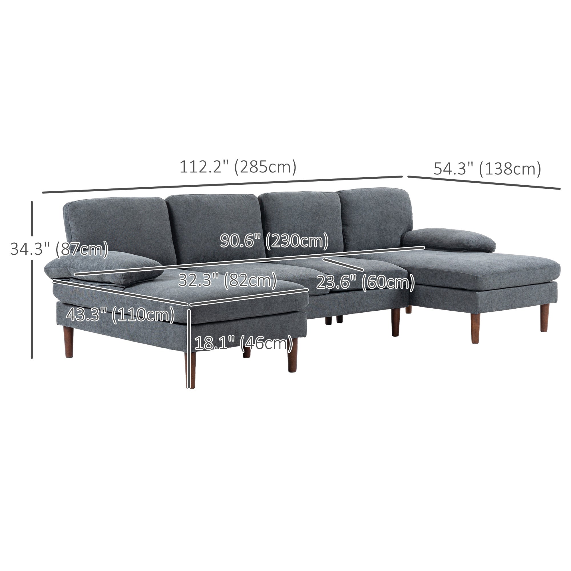 U Shape Couch with Wooden Legs, Modern 4-Seater Sofa, Dark Grey Fabric Lounge-DECOROLALA