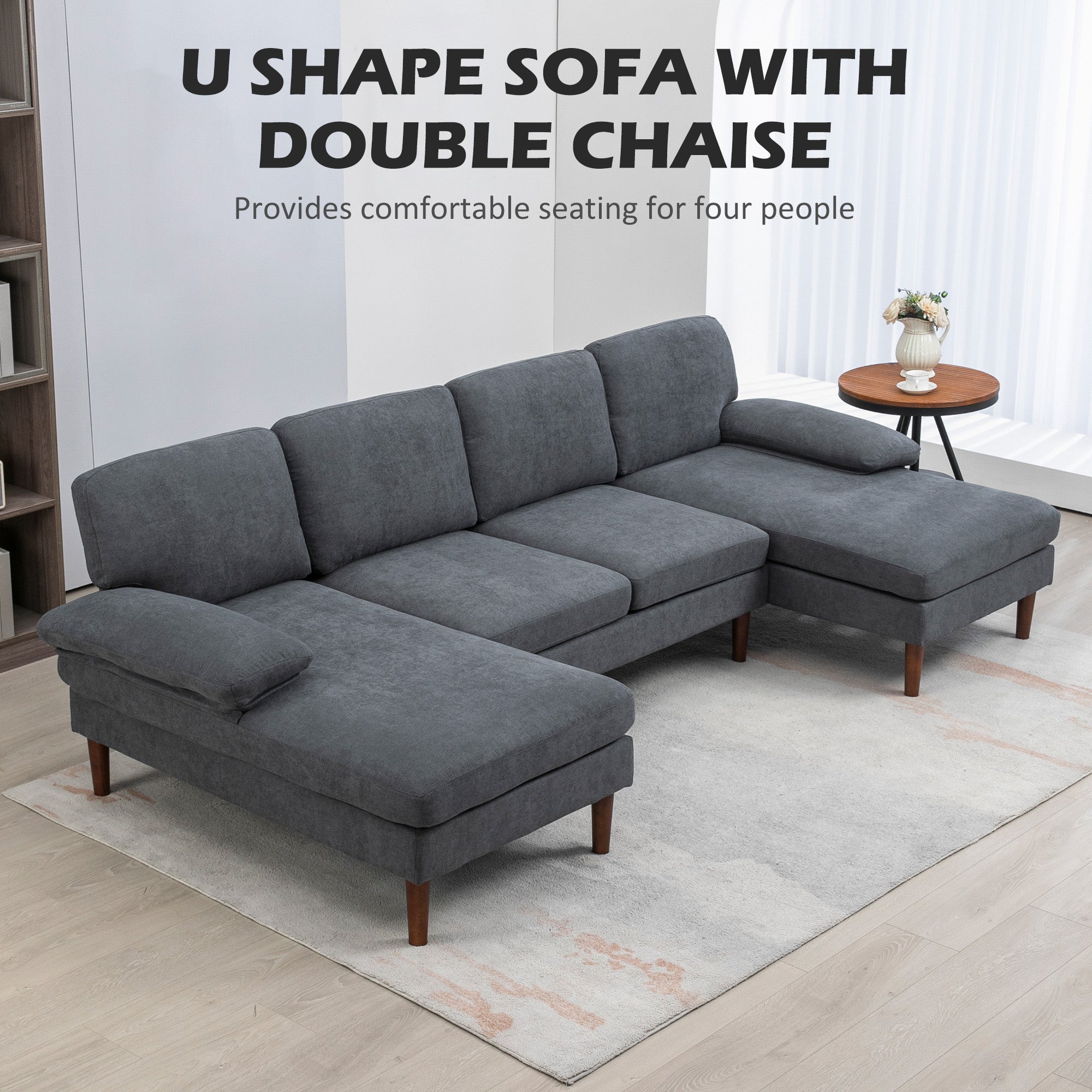 U Shape Couch with Wooden Legs, Modern 4-Seater Sofa, Dark Grey Fabric Lounge-DECOROLALA
