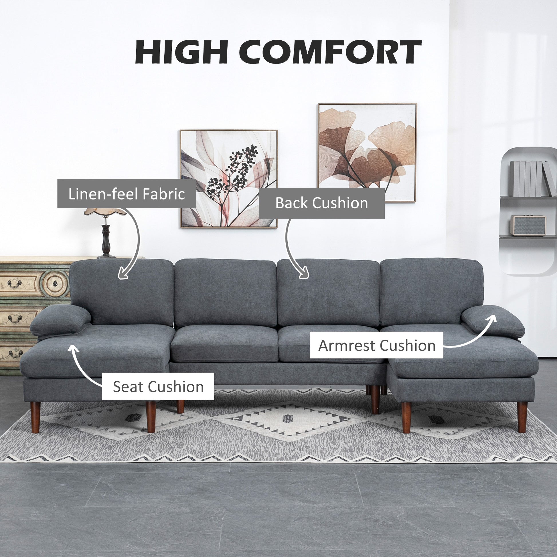 U Shape Couch with Wooden Legs, Modern 4-Seater Sofa, Dark Grey Fabric Lounge-DECOROLALA