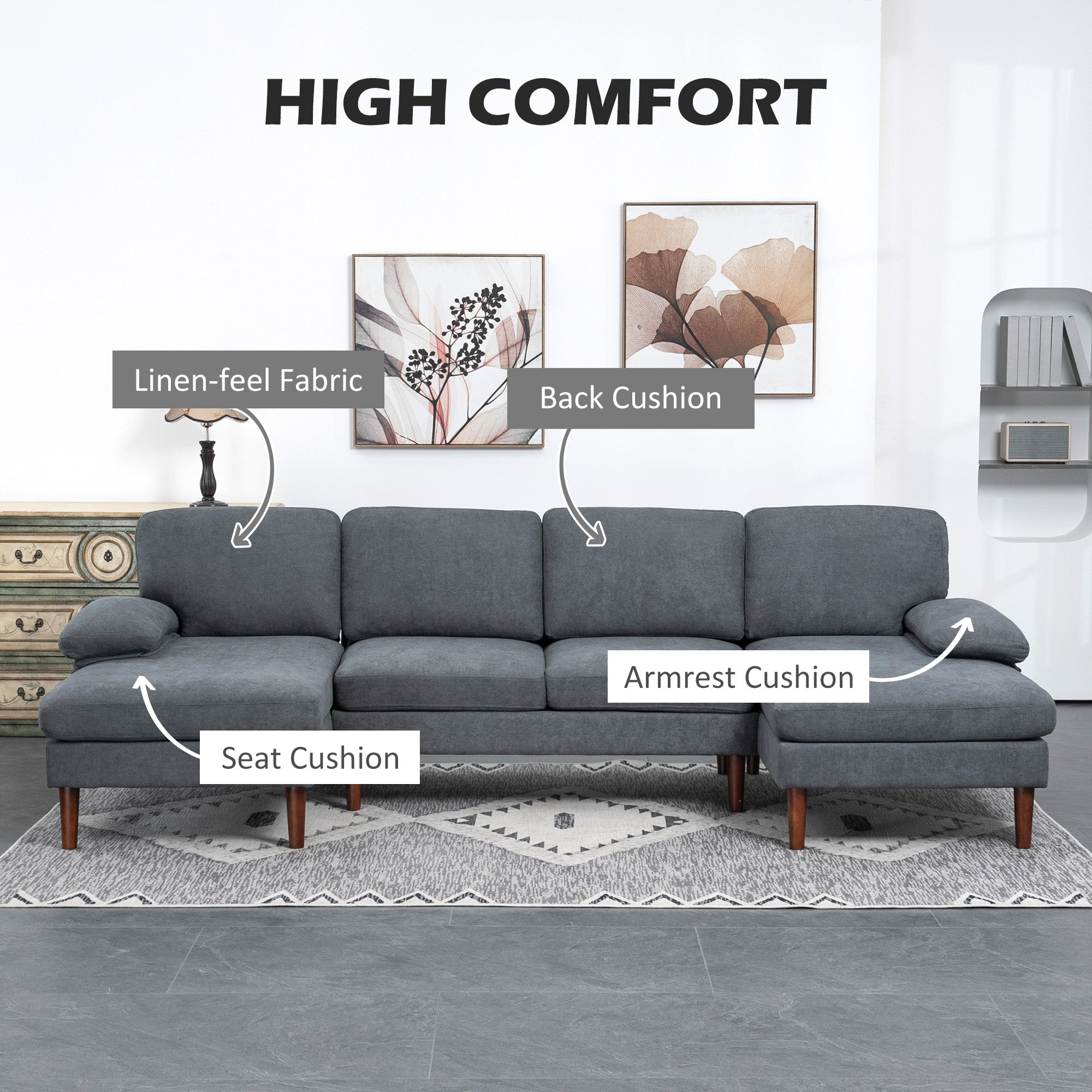 U Shape Couch with Wooden Legs, Modern 4-Seater Sofa, Dark Grey Fabric Lounge-DECOROLALA