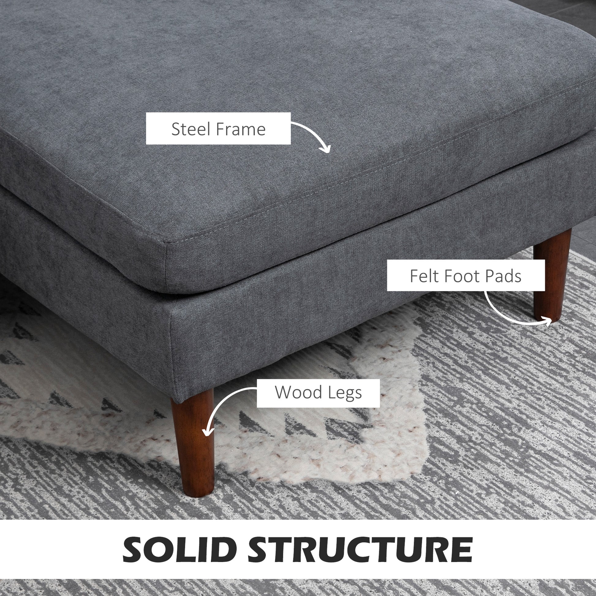 U Shape Couch with Wooden Legs, Modern 4-Seater Sofa, Dark Grey Fabric Lounge-DECOROLALA