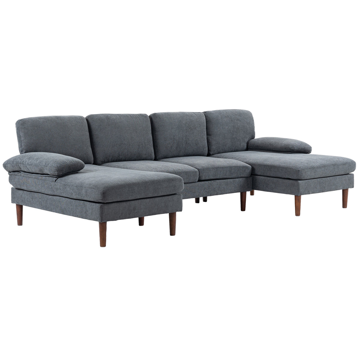 U Shape Couch with Wooden Legs, Modern 4-Seater Sofa, Dark Grey Fabric Lounge-Sofas-DECOROLALA