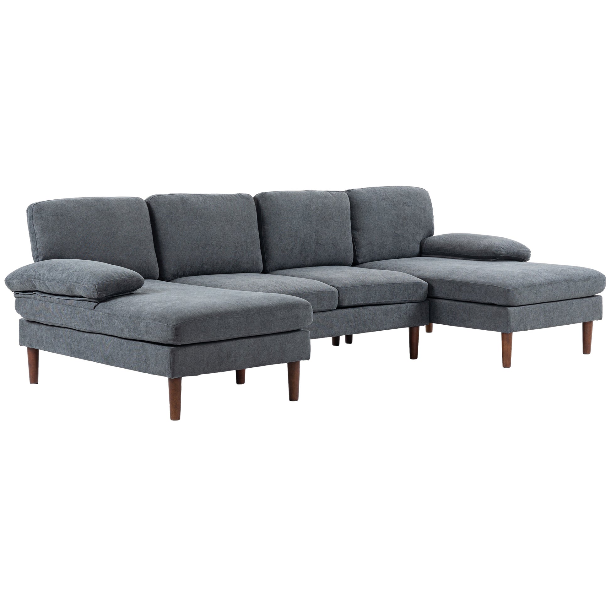 U Shape Couch with Wooden Legs, Modern 4-Seater Sofa, Dark Grey Fabric Lounge-DECOROLALA
