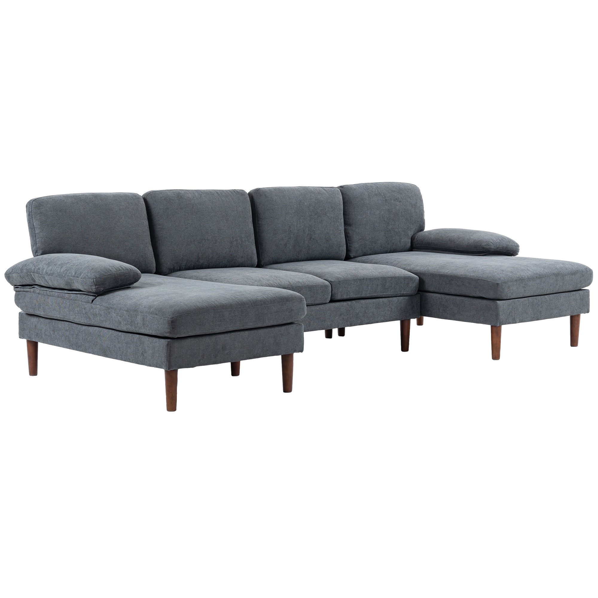 U Shape Couch with Wooden Legs, Modern 4-Seater Sofa, Dark Grey Fabric Lounge-DECOROLALA