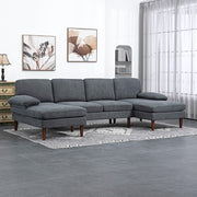 U Shape Couch with Wooden Legs, Modern 4-Seater Sofa, Dark Grey Fabric Lounge-DECOROLALA