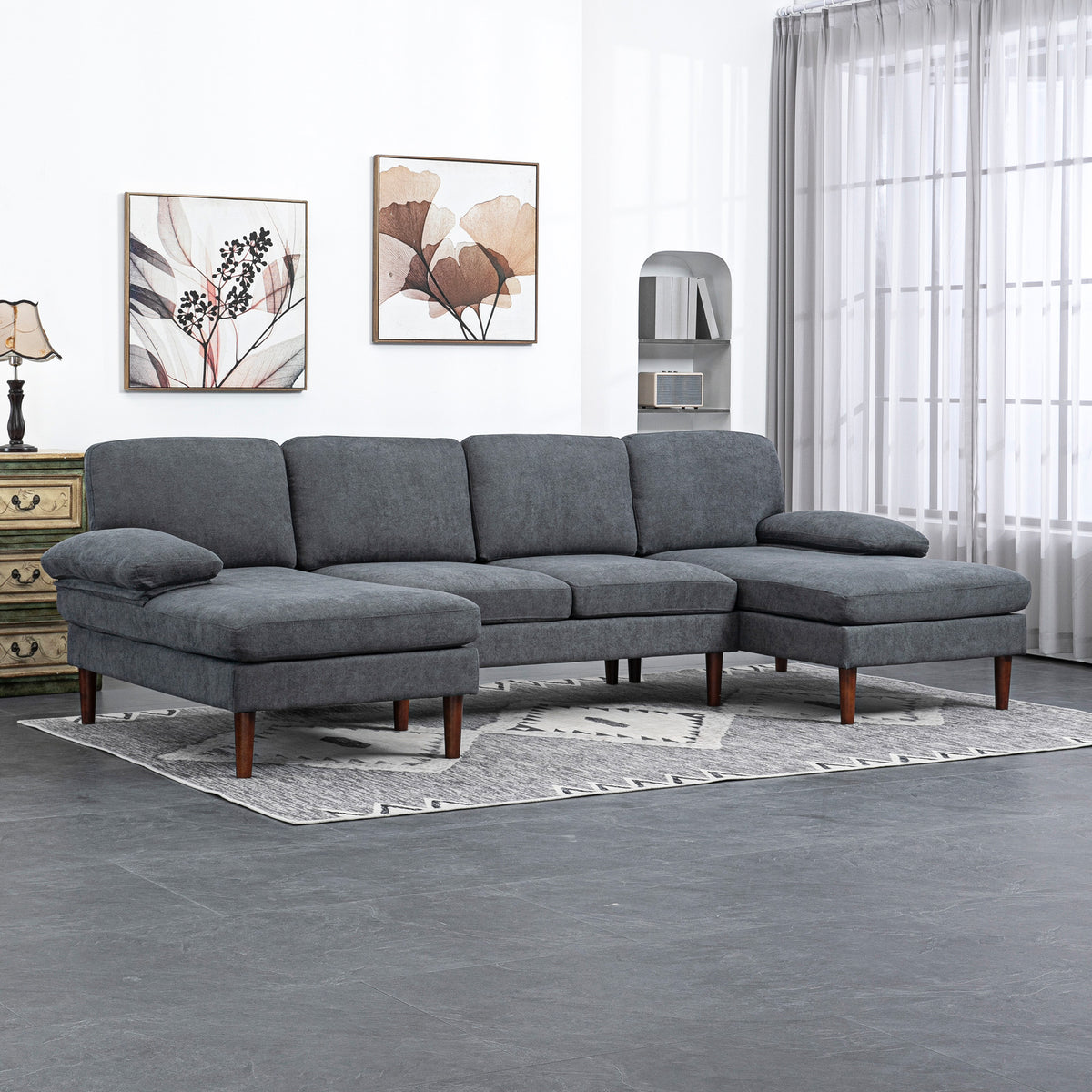 U Shape Couch with Wooden Legs, Modern 4-Seater Sofa, Dark Grey Fabric Lounge-DECOROLALA