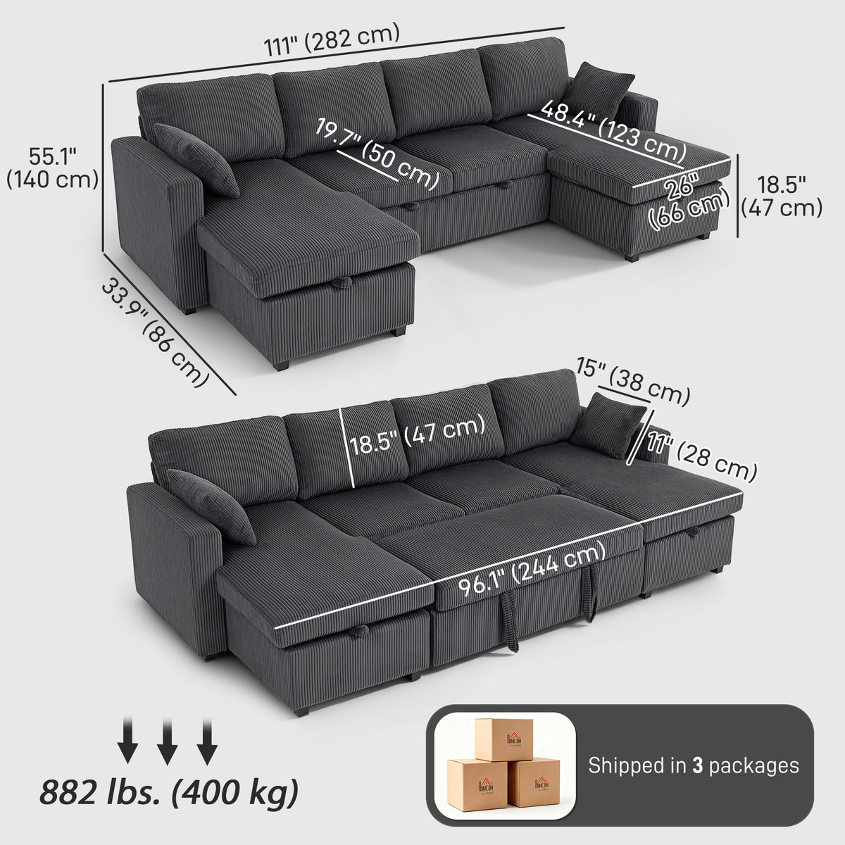 U-Shaped Convertible Sleeper Sofa - Dark Grey Corduroy-Sofas & Recliners-DECOROLALA