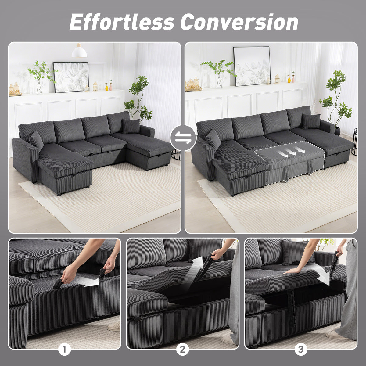 U-Shaped Convertible Sleeper Sofa - Dark Grey Corduroy-Sofas & Recliners-DECOROLALA