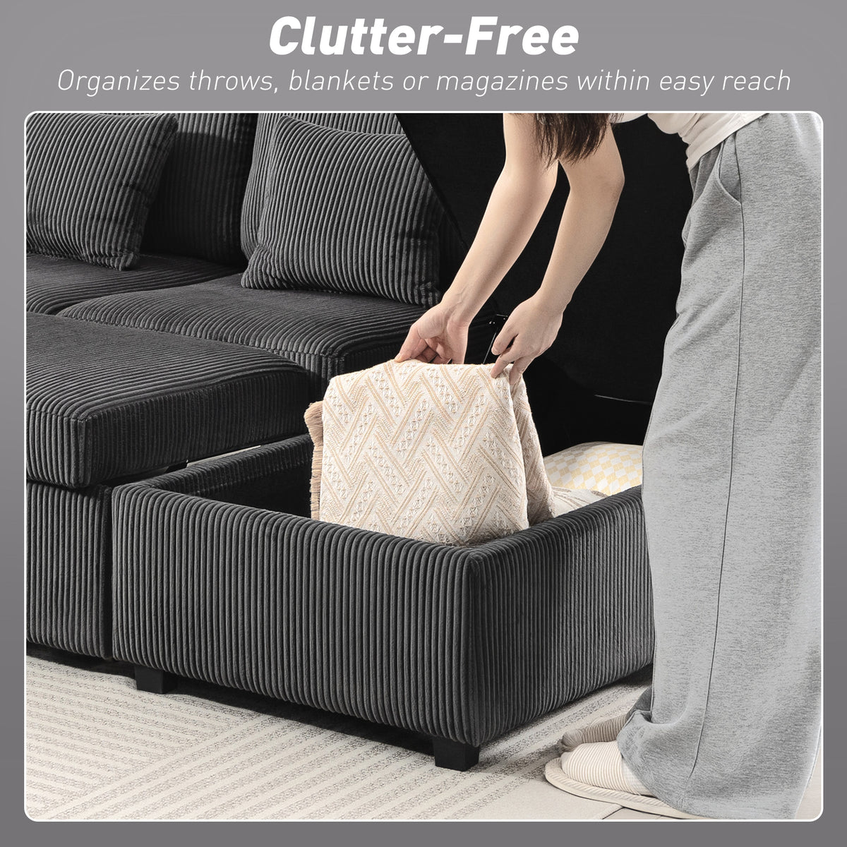 U-Shaped Convertible Sleeper Sofa - Dark Grey Corduroy-Sofas & Recliners-DECOROLALA