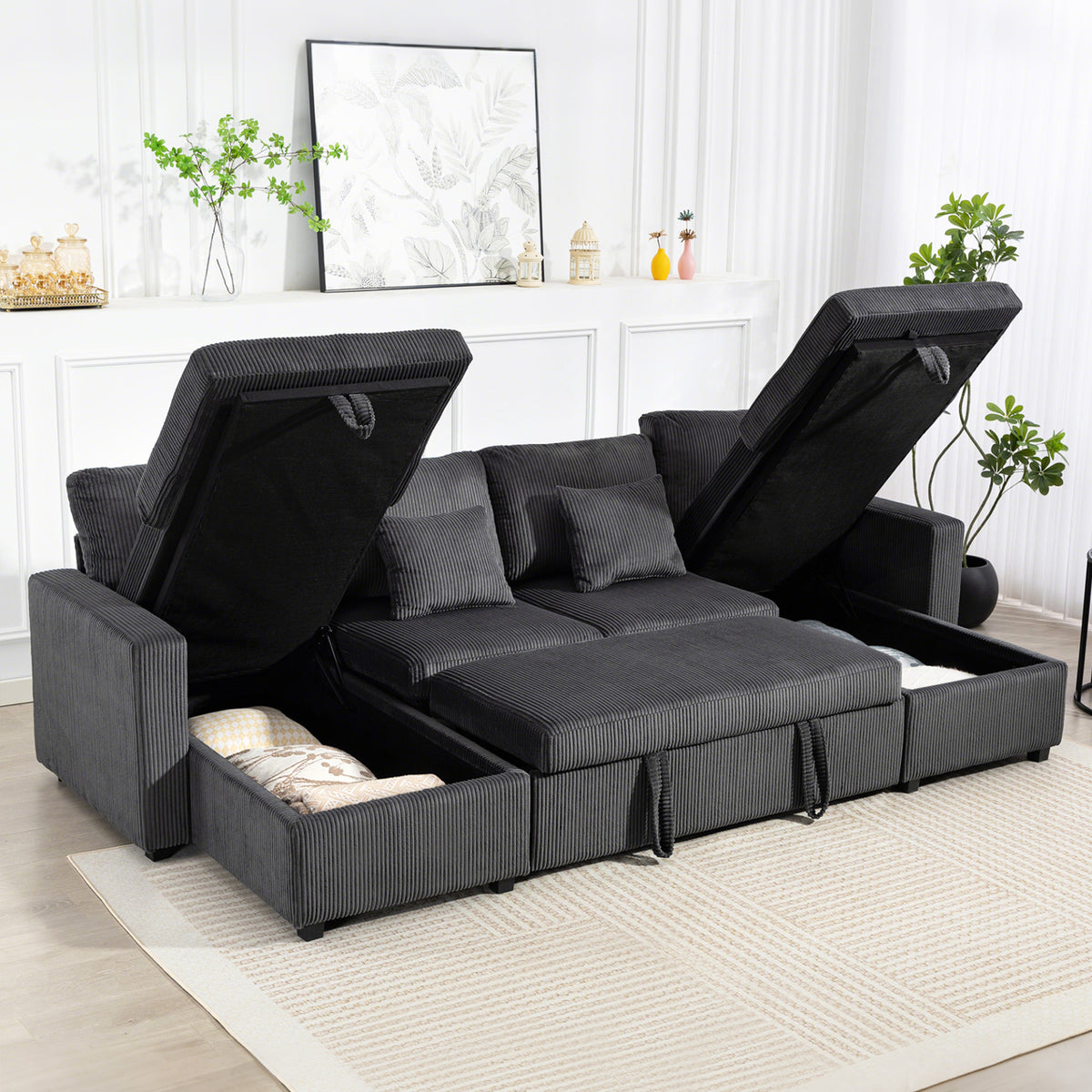U-Shaped Convertible Sleeper Sofa - Dark Grey Corduroy-Sofas & Recliners-DECOROLALA