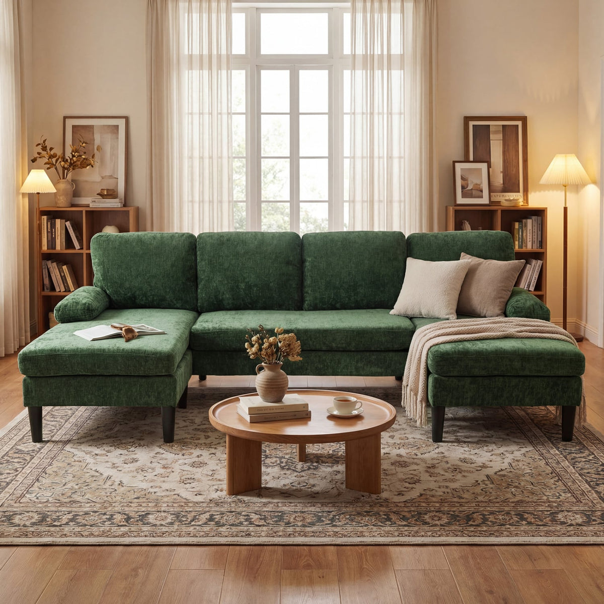 U-Shaped Sectional Couch - 101.5" Double Chaise Chenille Green-Sofas & Loveseats-DECOROLALA