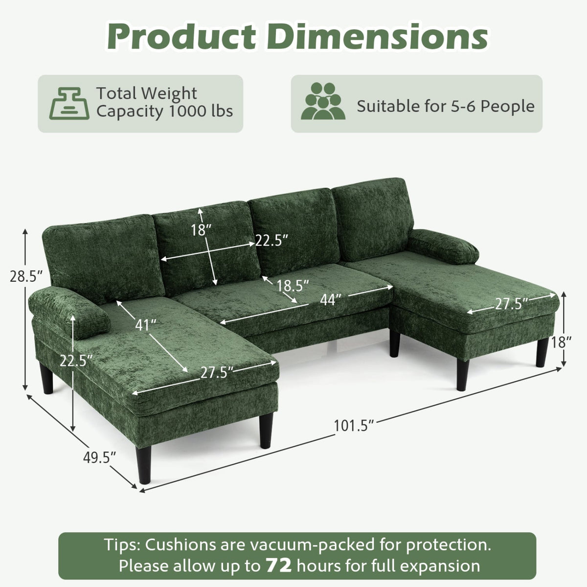 U-Shaped Sectional Couch - 101.5" Double Chaise Chenille Green-Sofas & Loveseats-DECOROLALA