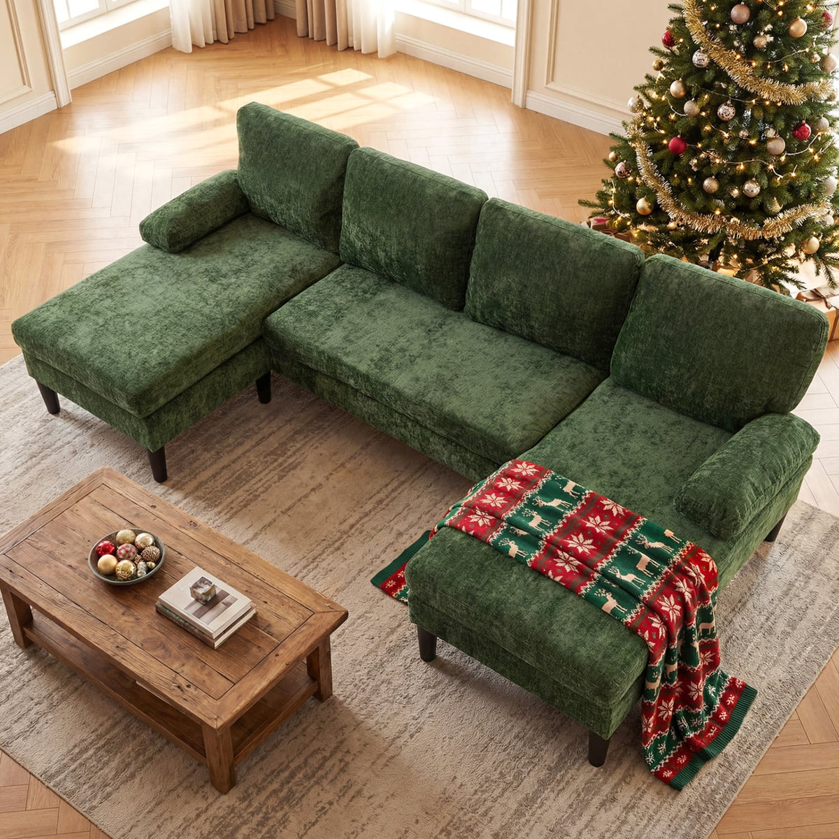 U-Shaped Sectional Couch - 101.5" Double Chaise Chenille Green-Sofas & Loveseats-DECOROLALA