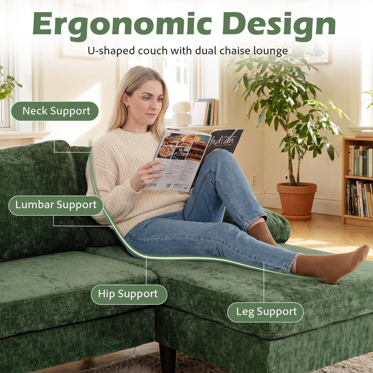 U-Shaped Sectional Couch - 101.5" Double Chaise Chenille Green-Sofas & Loveseats-DECOROLALA
