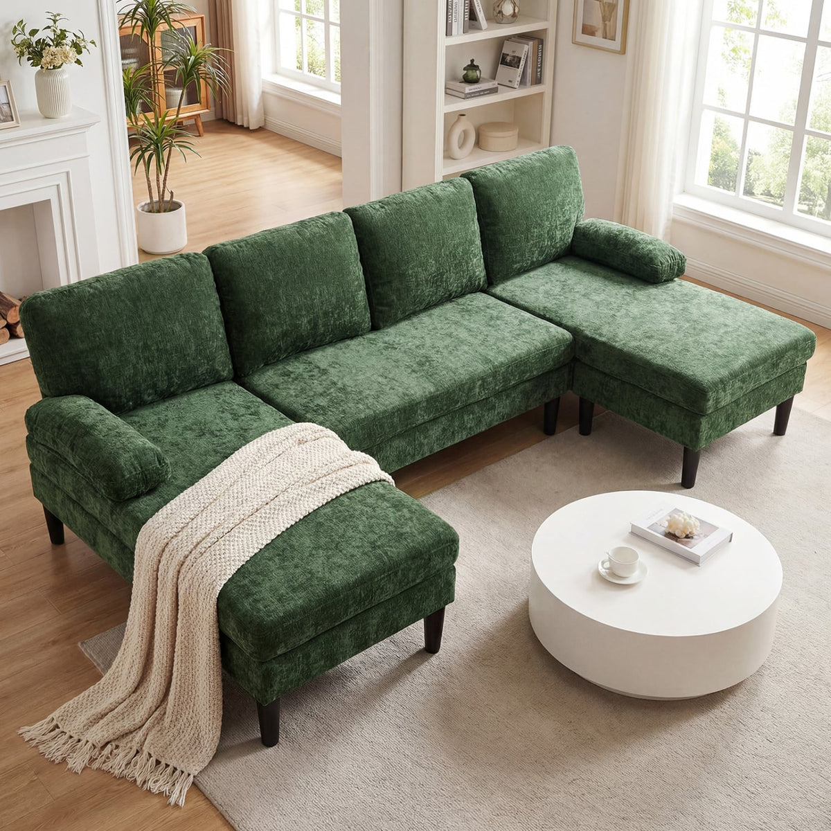 U-Shaped Sectional Couch - 101.5" Double Chaise Chenille Green-Sofas & Loveseats-DECOROLALA