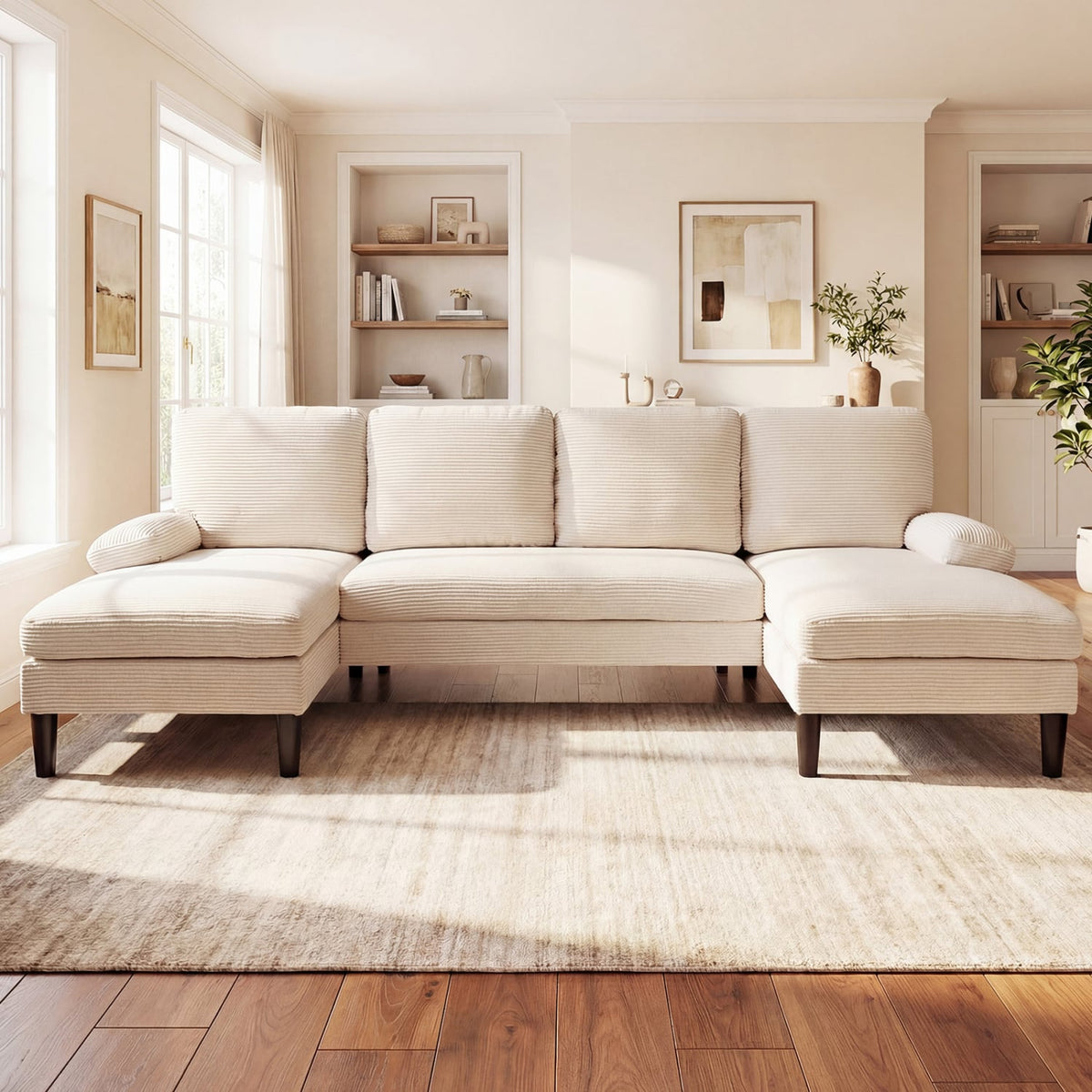 U-Shaped Sectional Couch - 101.5" Double Chaise Sofa Beige-Sofas & Loveseats-DECOROLALA