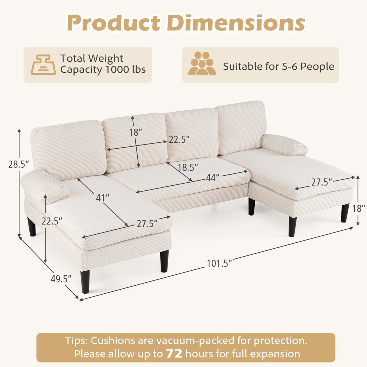 U-Shaped Sectional Couch - 101.5" Double Chaise Sofa Beige-Sofas & Loveseats-DECOROLALA
