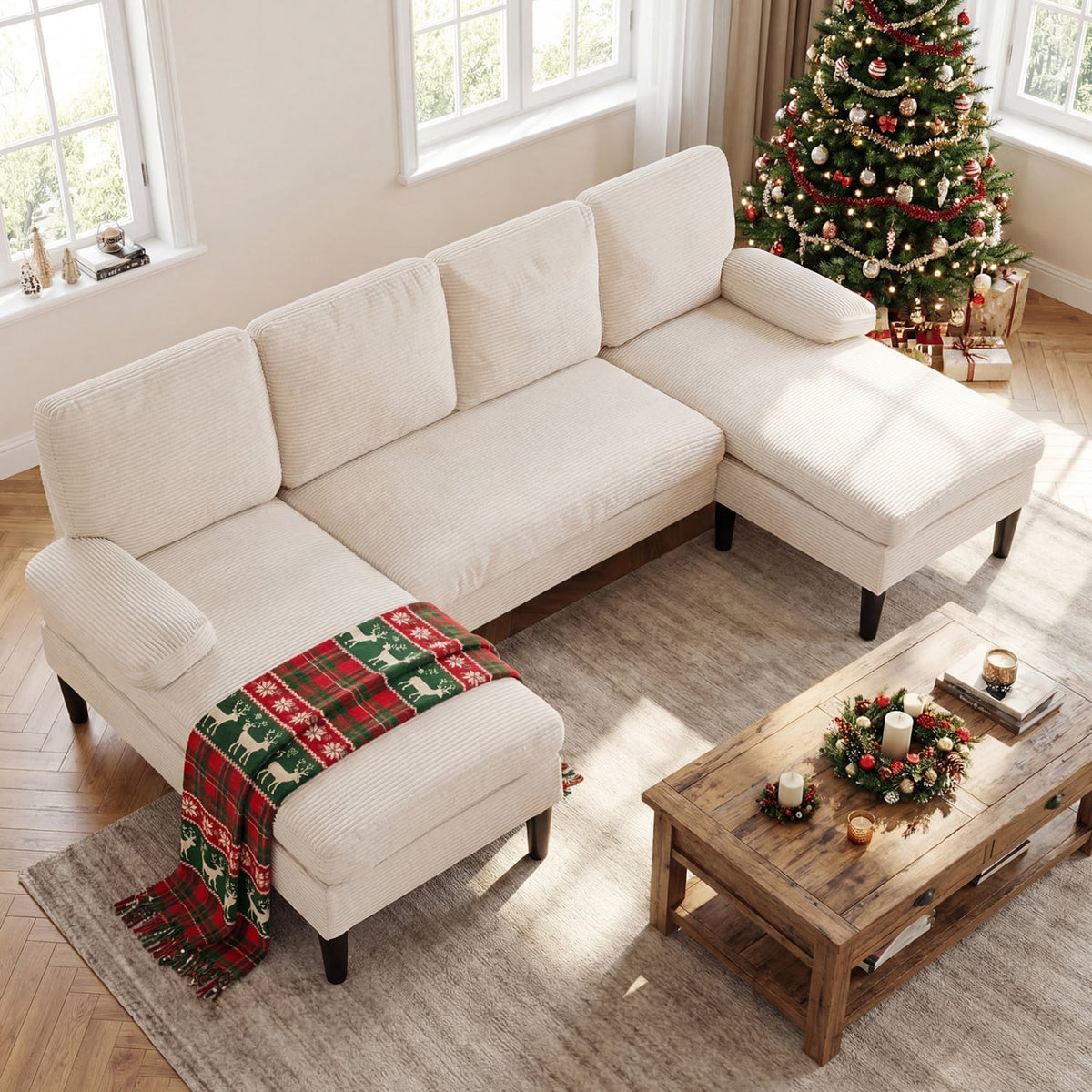 U-Shaped Sectional Couch - 101.5" Double Chaise Sofa Beige-Sofas & Loveseats-DECOROLALA