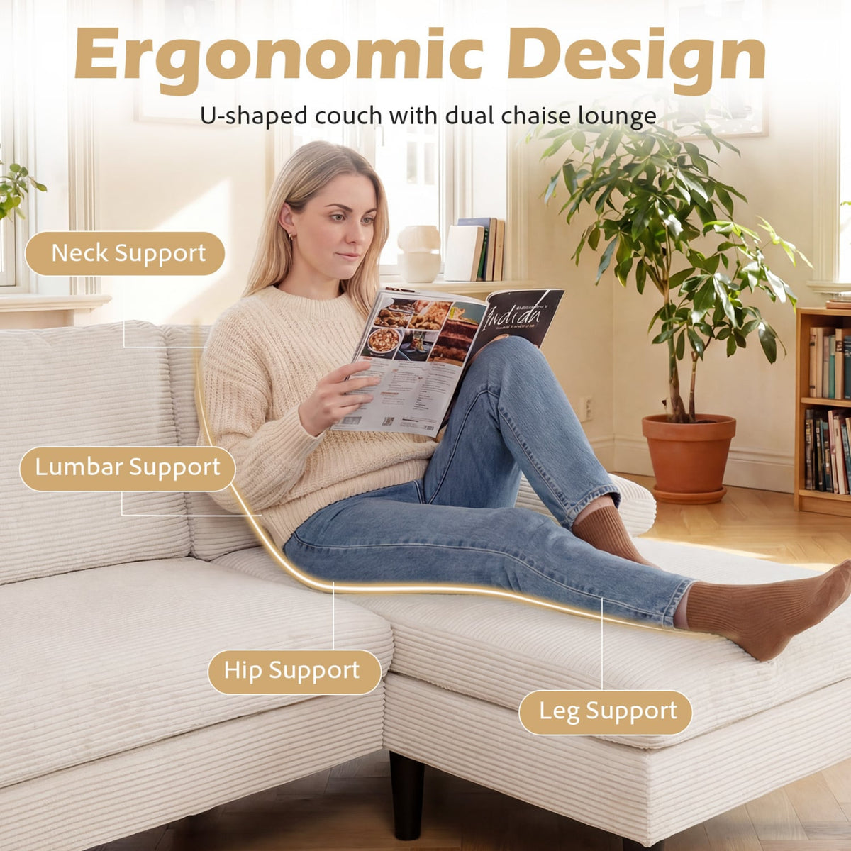 U-Shaped Sectional Couch - 101.5" Double Chaise Sofa Beige-Sofas & Loveseats-DECOROLALA