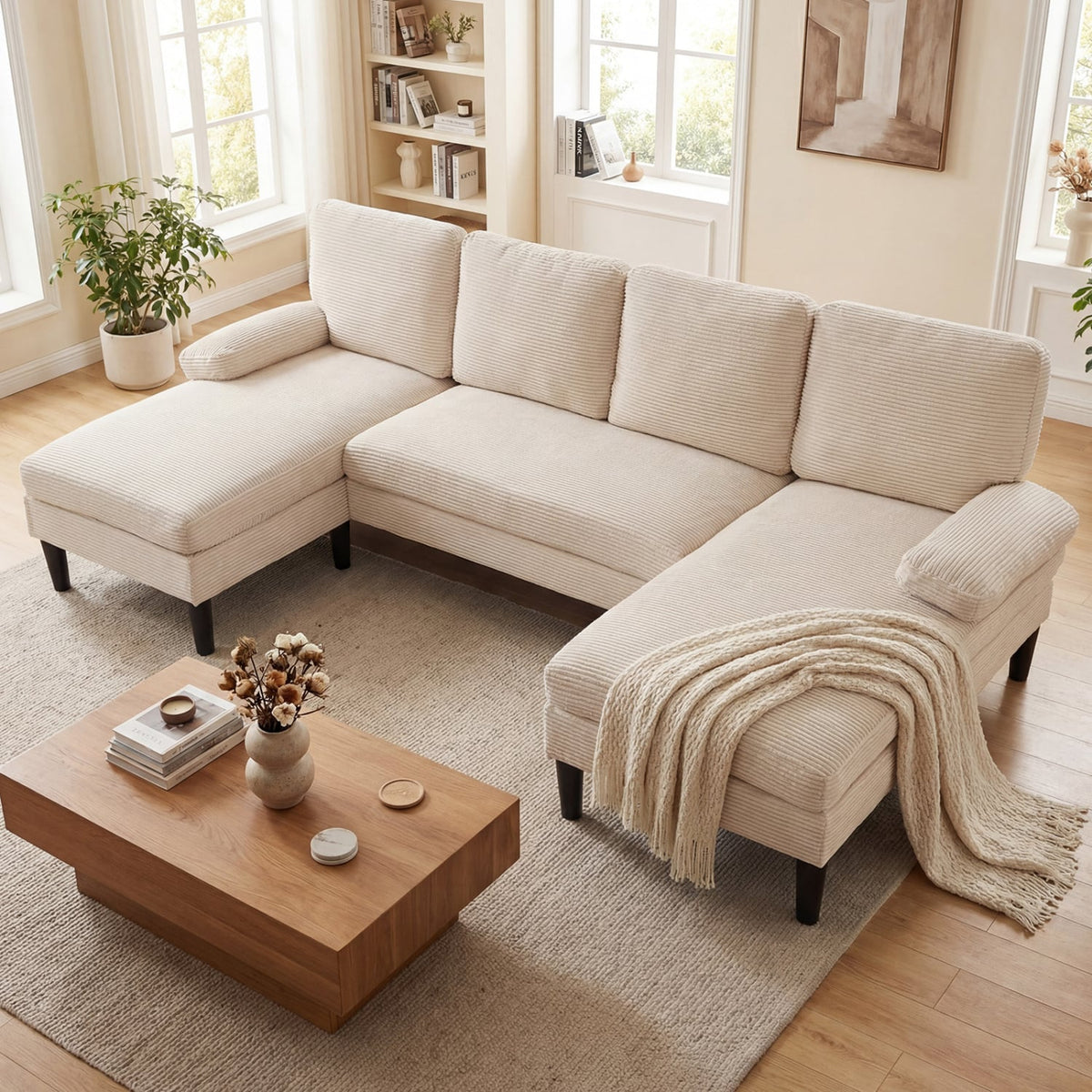 U-Shaped Sectional Couch - 101.5" Double Chaise Sofa Beige-Sofas & Loveseats-DECOROLALA