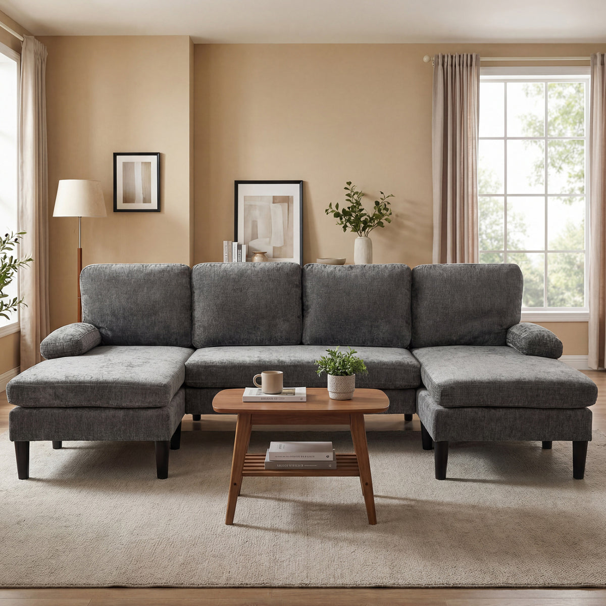 U-Shaped Sectional Couch - 101.5" Double Chaise Sofa - Gray-Sofas & Loveseats-DECOROLALA
