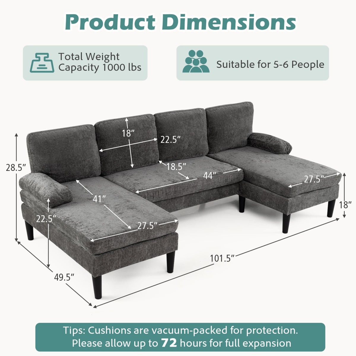 U-Shaped Sectional Couch - 101.5" Double Chaise Sofa - Gray-Sofas & Loveseats-DECOROLALA