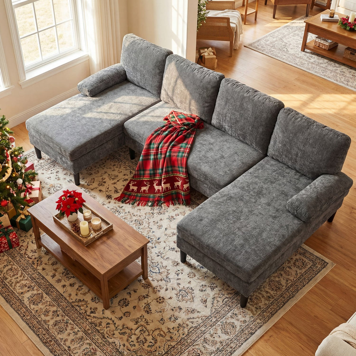 U-Shaped Sectional Couch - 101.5" Double Chaise Sofa - Gray-Sofas & Loveseats-DECOROLALA