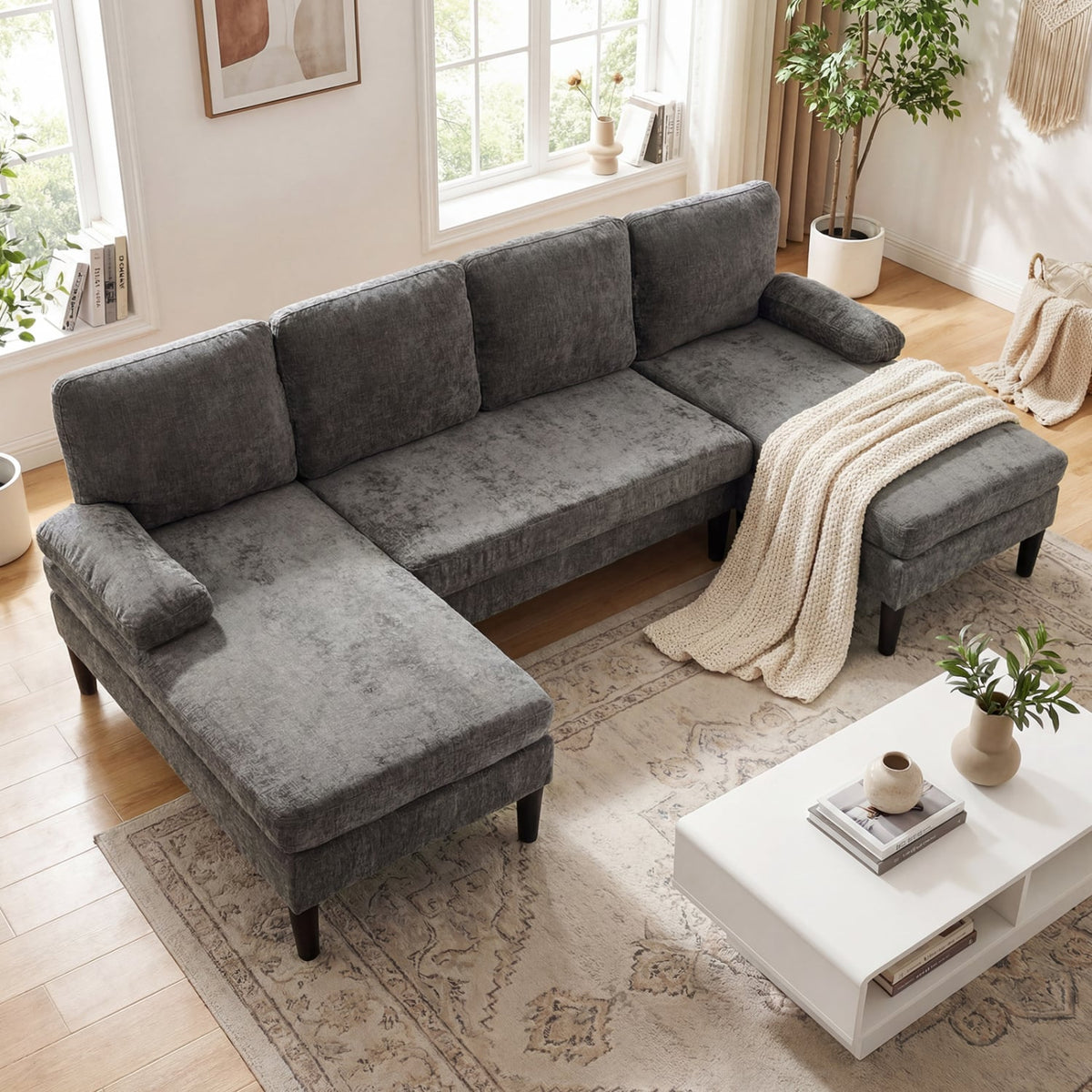 U-Shaped Sectional Couch - 101.5" Double Chaise Sofa - Gray-Sofas & Loveseats-DECOROLALA