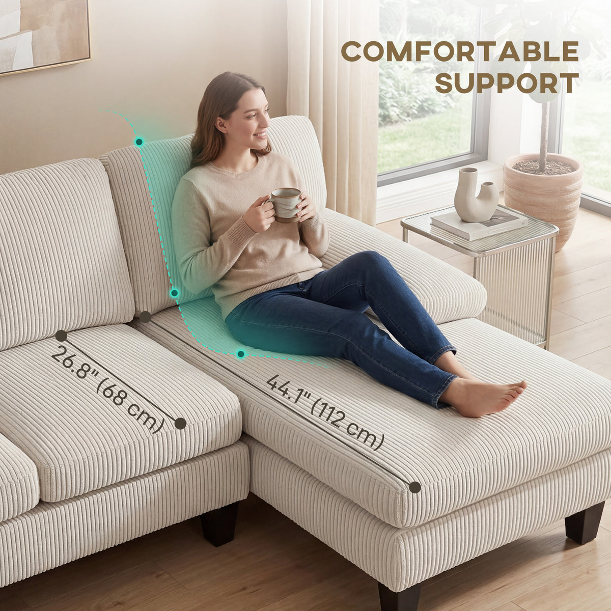 U-Shaped Sectional Sofa - Beige Corduroy Double Chaise-Home Furnishings > Living Room Furniture > Sofas & Reclining Chairs > L Shaped Couchs-DECOROLALA