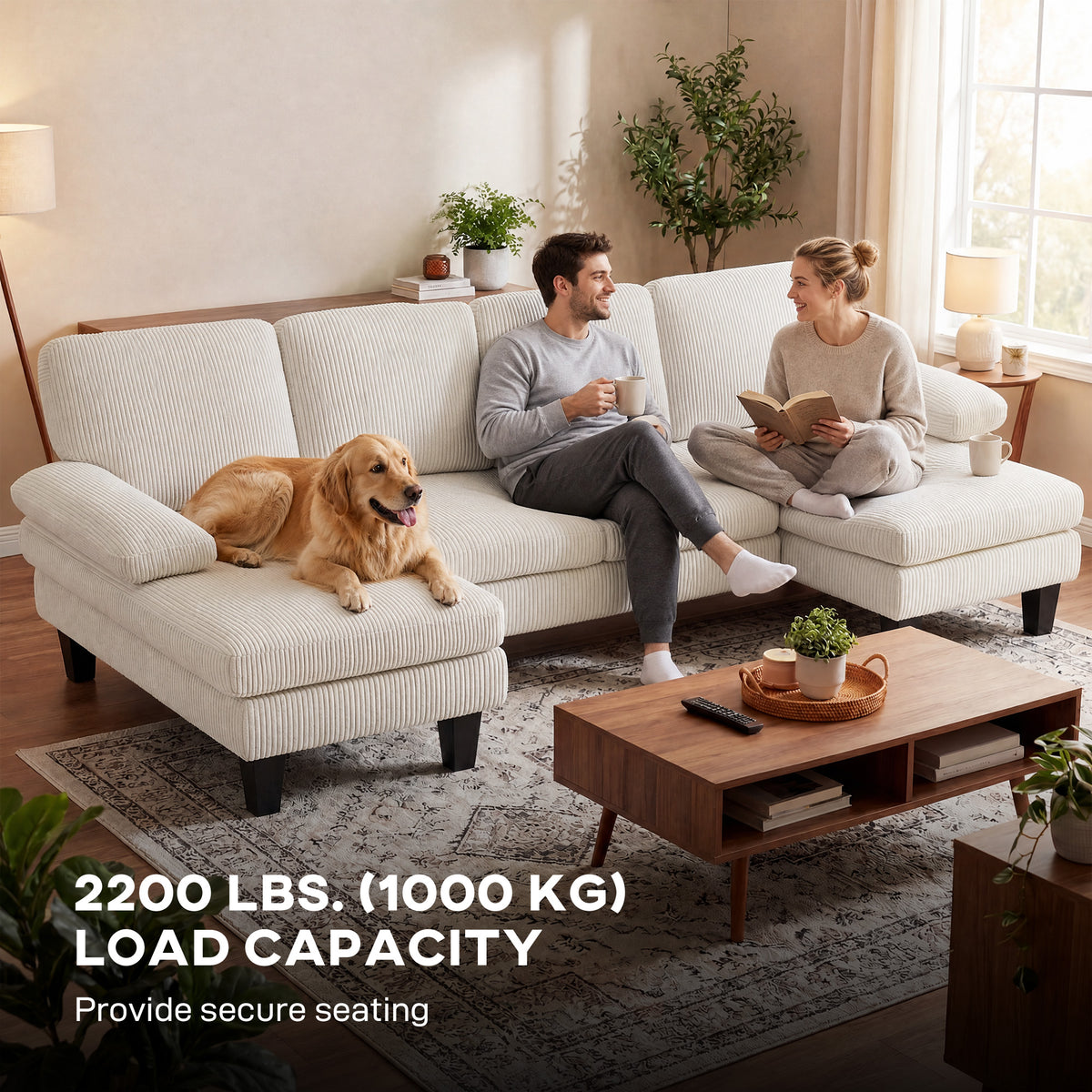 U-Shaped Sectional Sofa - Beige Corduroy Double Chaise-Home Furnishings > Living Room Furniture > Sofas & Reclining Chairs > L Shaped Couchs-DECOROLALA