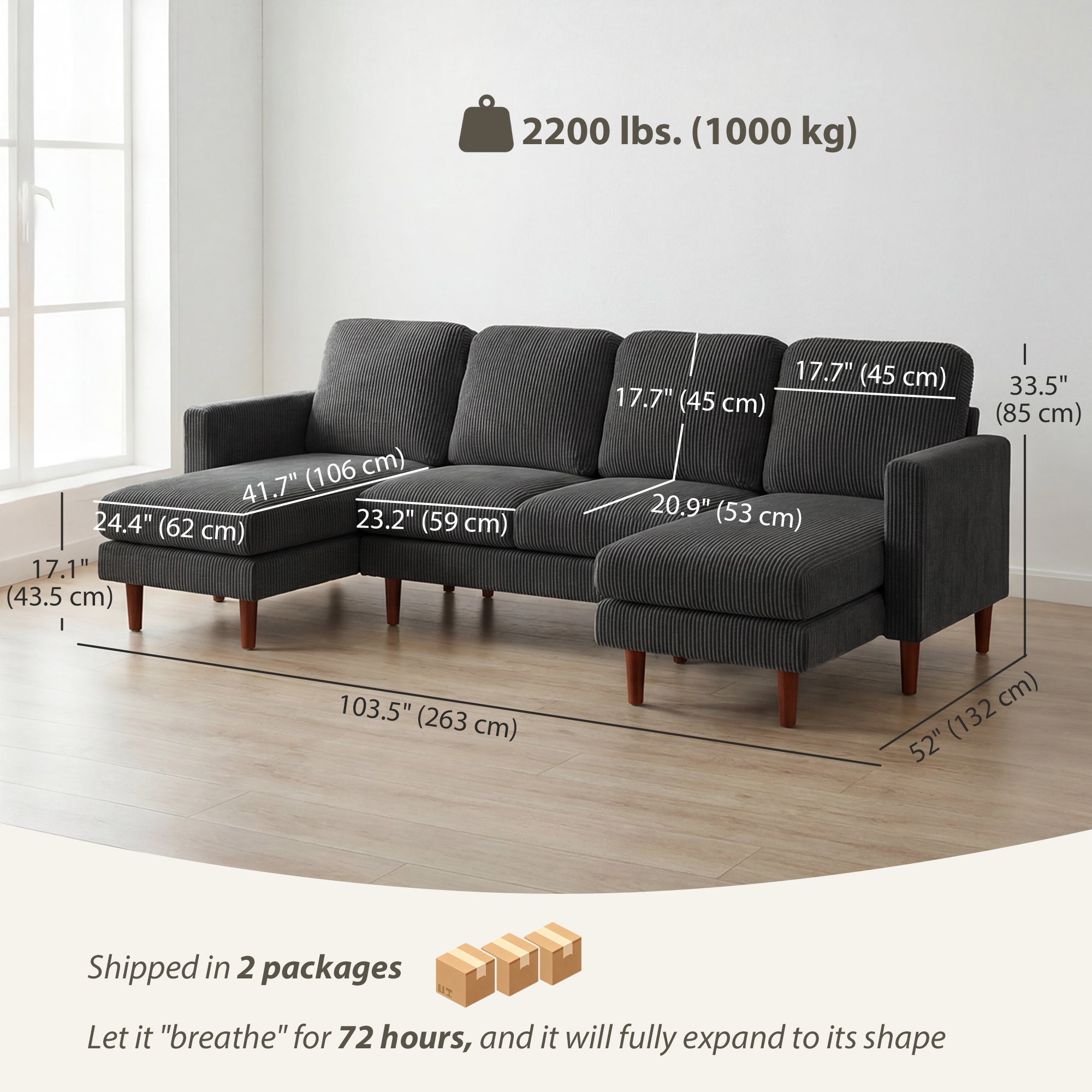 U-Shaped Sectional Sofa Corduroy Dark Grey-DECOROLALA