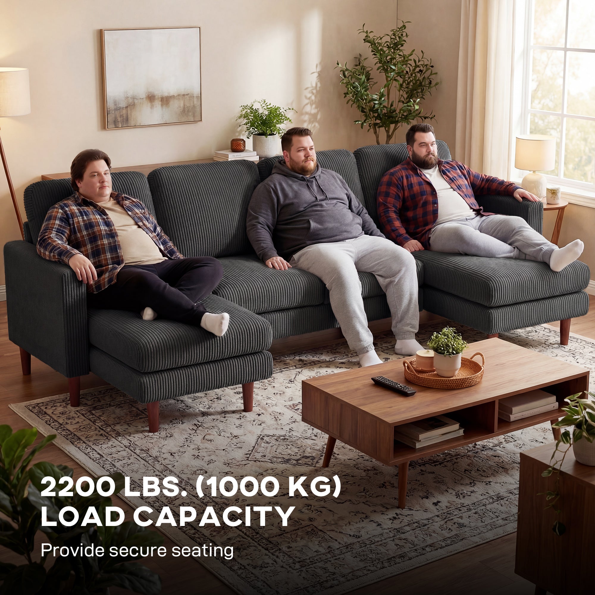 U-Shaped Sectional Sofa Corduroy Dark Grey-DECOROLALA