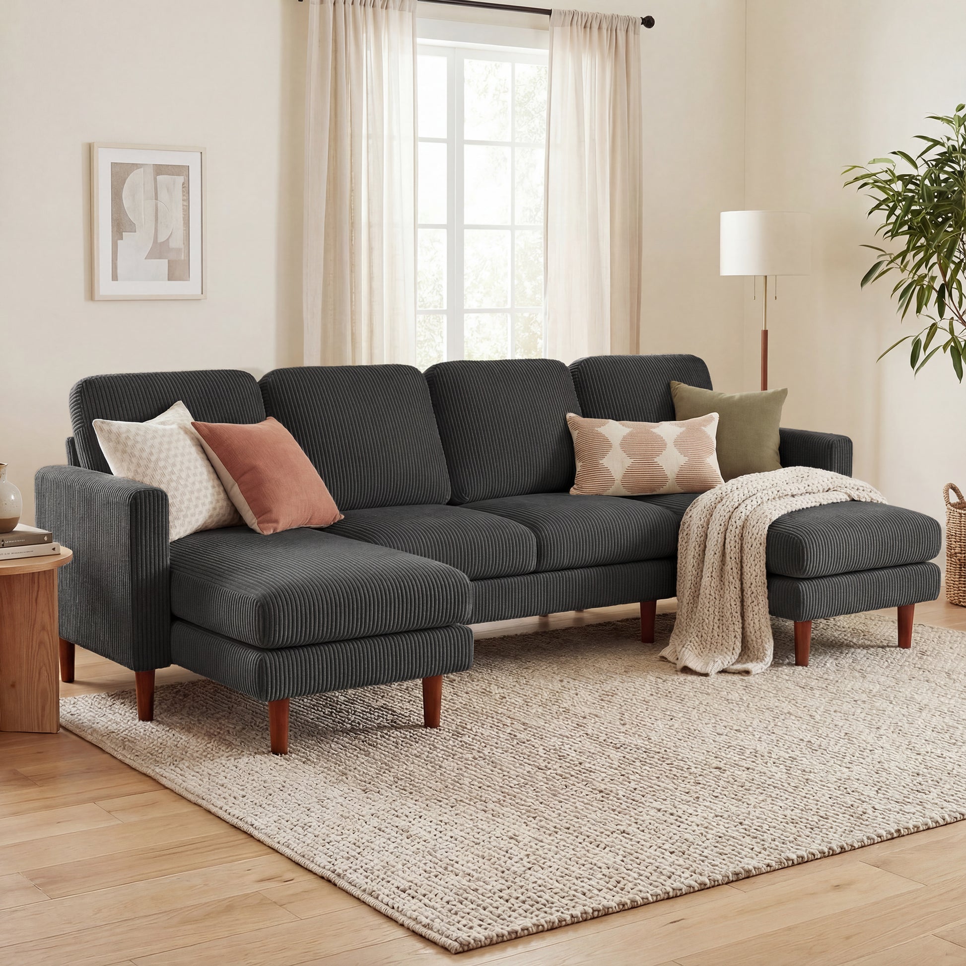 U-Shaped Sectional Sofa Corduroy Dark Grey-DECOROLALA