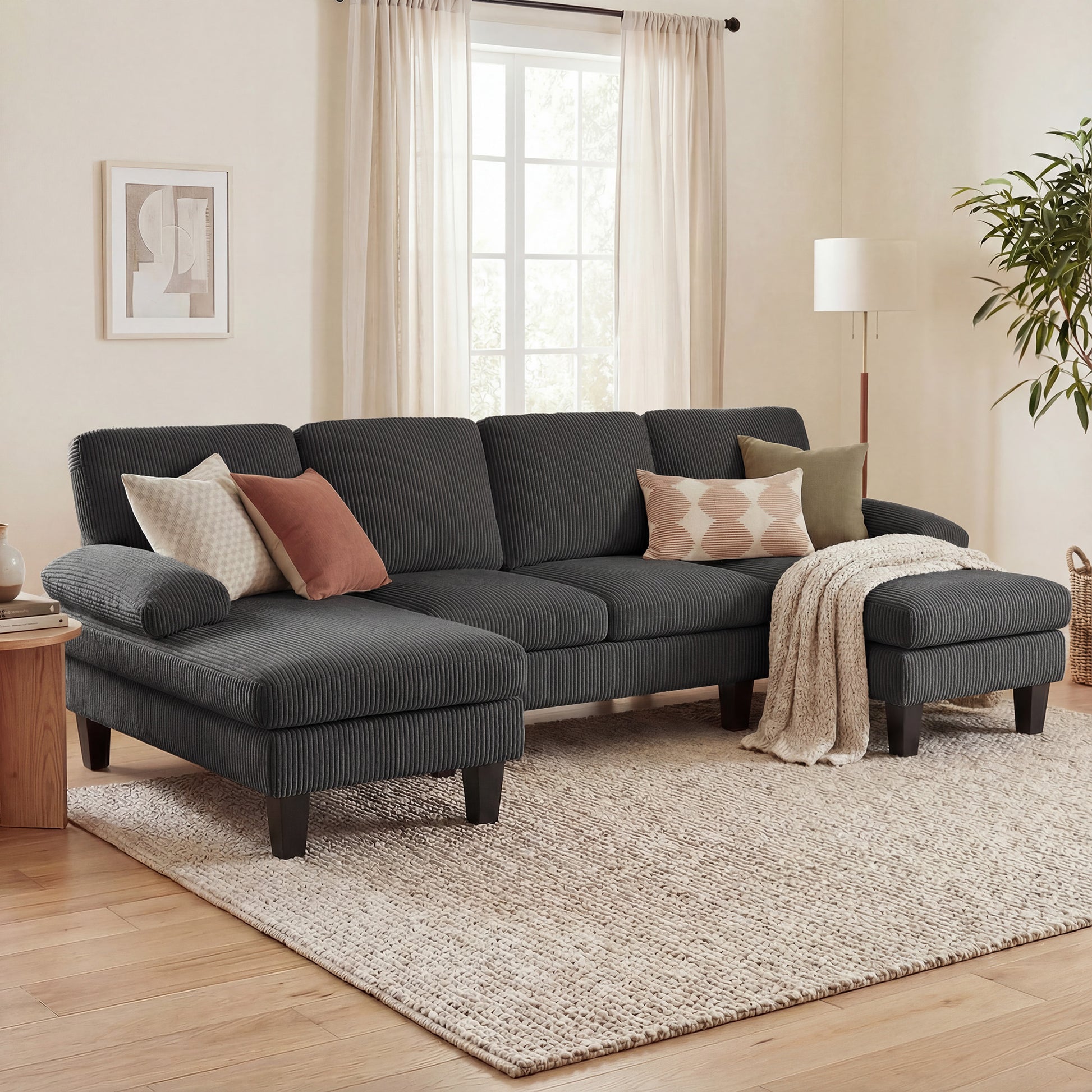 U Shaped Sectional Sofa - Dark Grey Corduroy-DECOROLALA