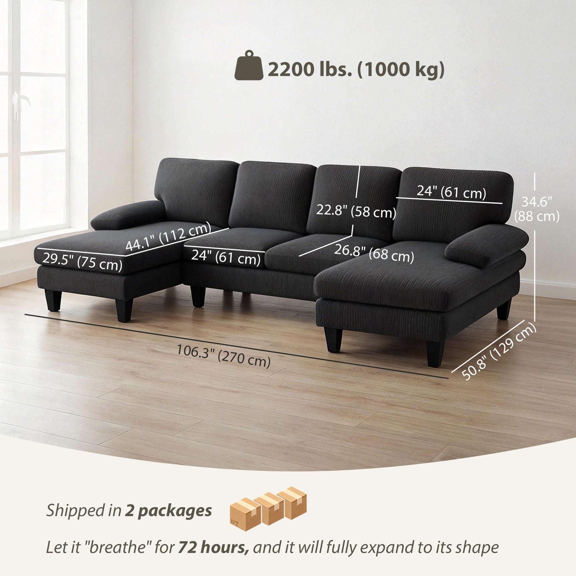 U Shaped Sectional Sofa - Dark Grey Corduroy-DECOROLALA