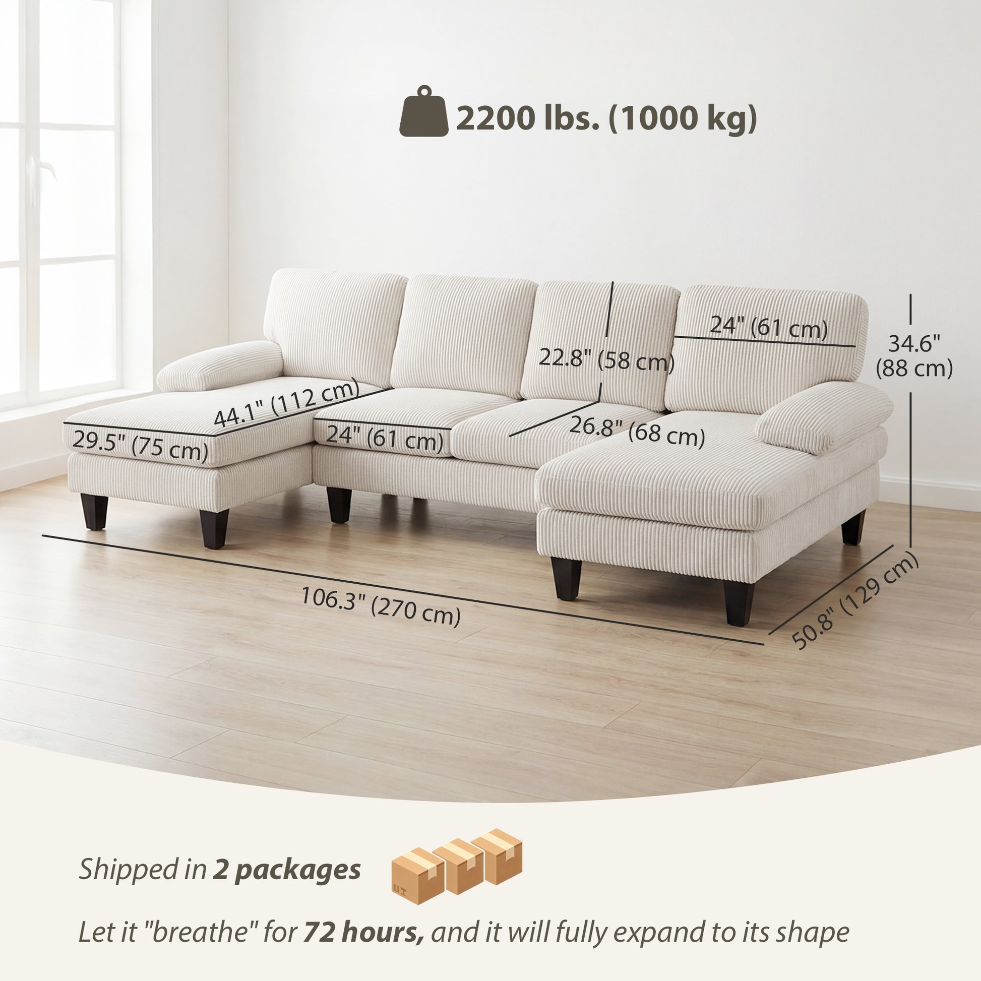 U Shaped Sectional Sofa - Dark Grey Corduroy-DECOROLALA