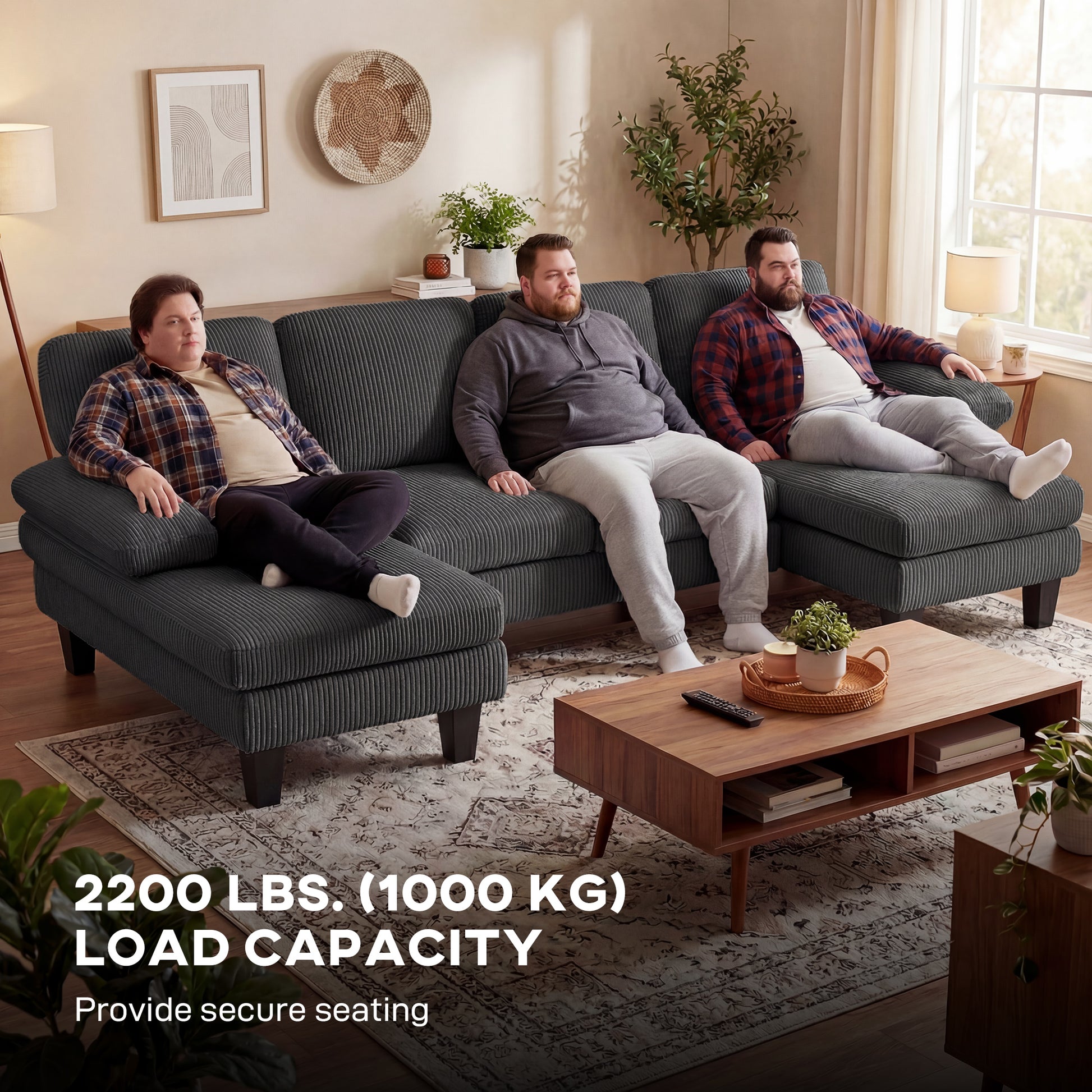 U Shaped Sectional Sofa - Dark Grey Corduroy-DECOROLALA